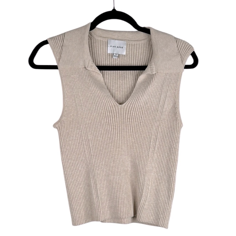 Pink Rose Tan Oatmeal Ribbed Sleeveless 90's V-Neck Collar Cropped Top Size XL